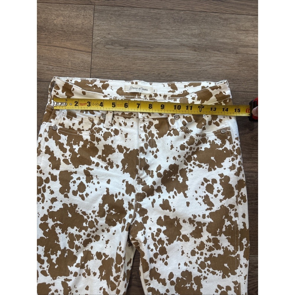 Grace & Emma Cow Print Flare Jeans Size 8 Western Bootcut Raw Hem Stretch Denim - Picture 6 of 16